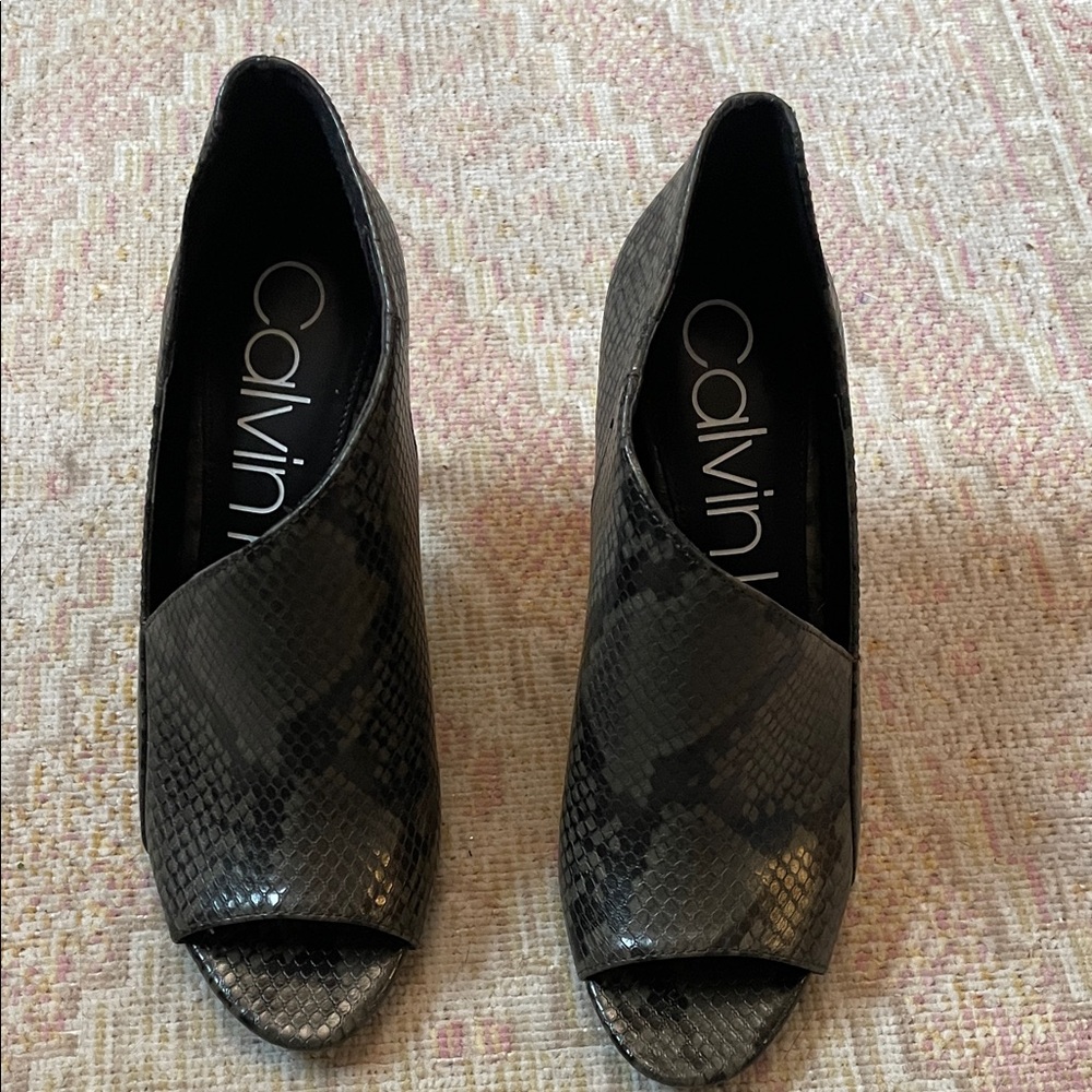 Calvin Klein Snakeskin Black Peep-Toe Heels